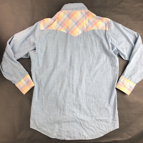 Vintage 70s 80s Lee Western Made in USA Chambray Pearl Snap VTG Shirt Size Large - Picture 5 of 10